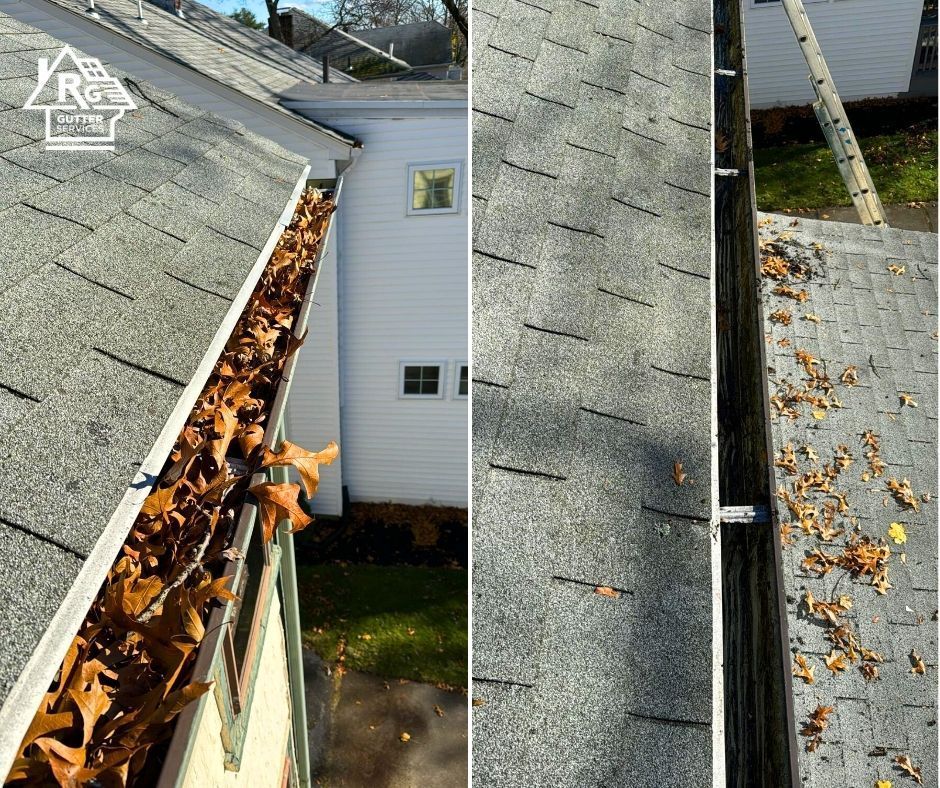 A before and after picture of a gutter with leaves on it