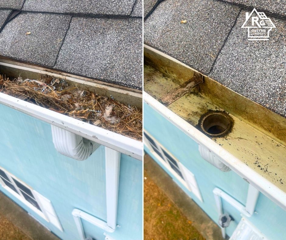 A before and after picture of a gutter cleaning on a house.