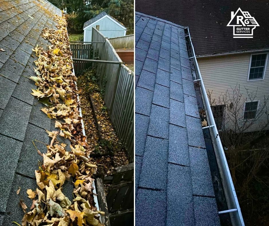 A before and after picture of a gutter with leaves on it