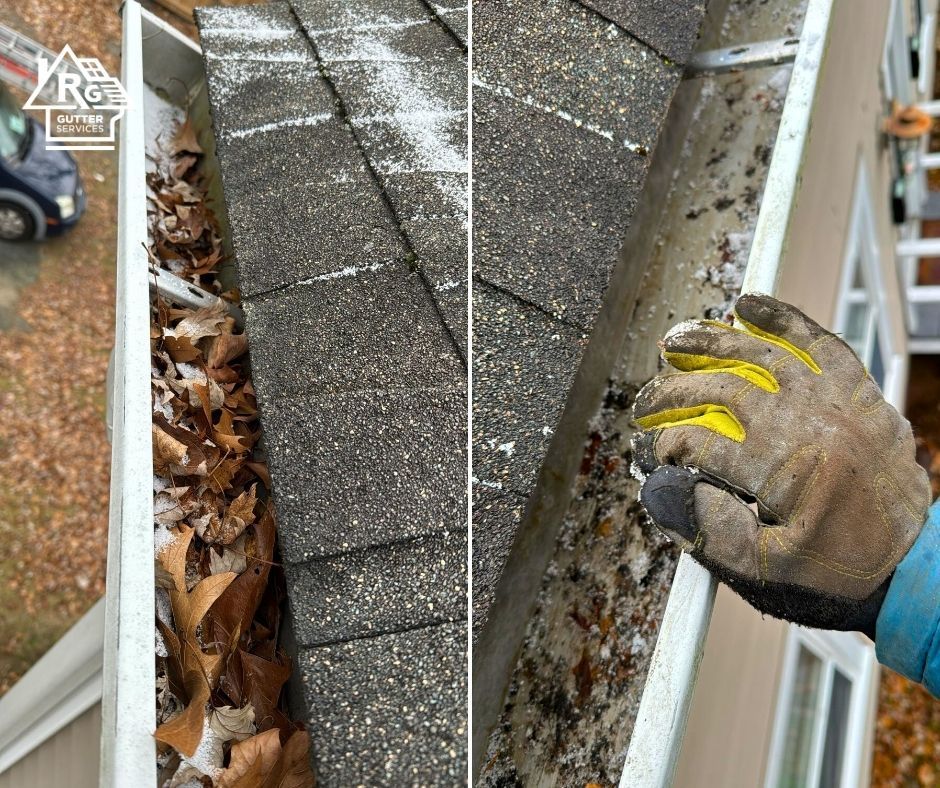 A before and after picture of a person cleaning a gutter on a roof.