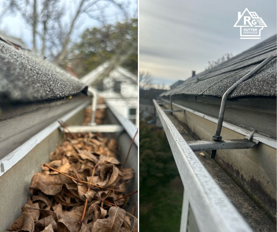 A before and after picture of a gutter filled with leaves.