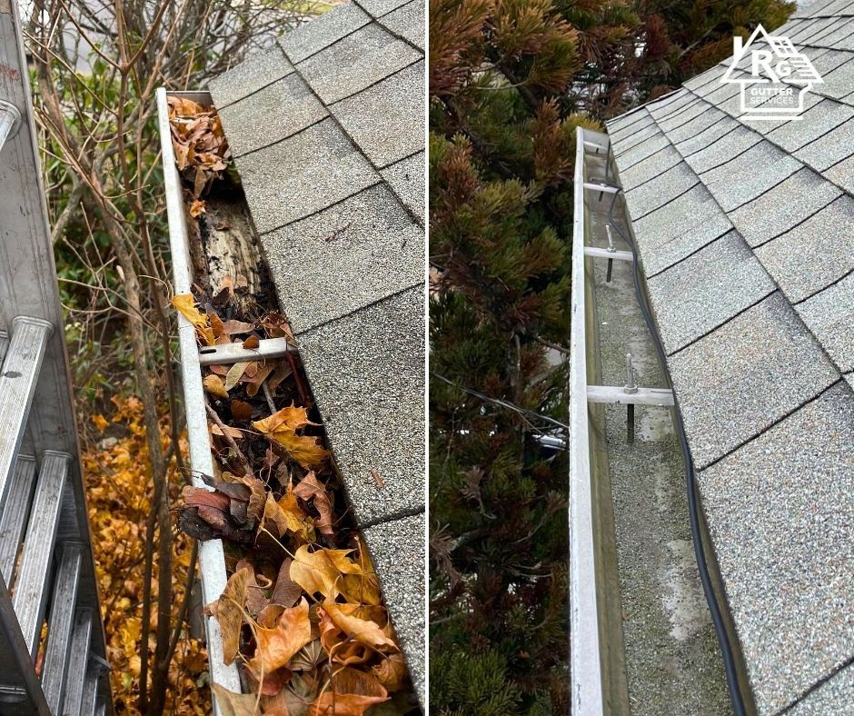 A before and after picture of a gutter filled with leaves on a roof.