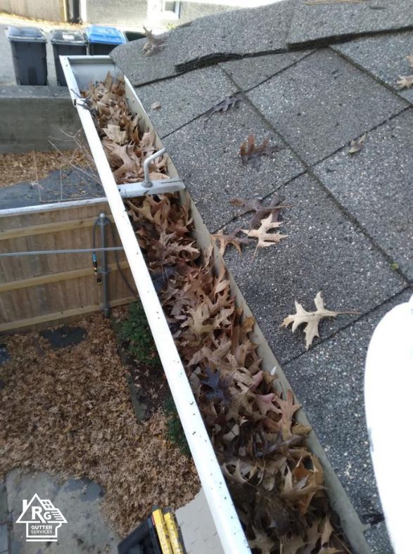A gutter filled with leaves on top of a roof.