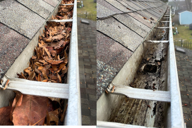 A before and after picture of a gutter filled with leaves on a roof.