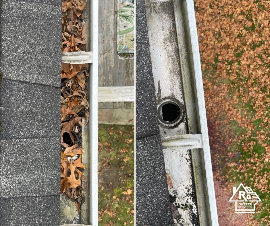 A before and after picture of a gutter with leaves on it.