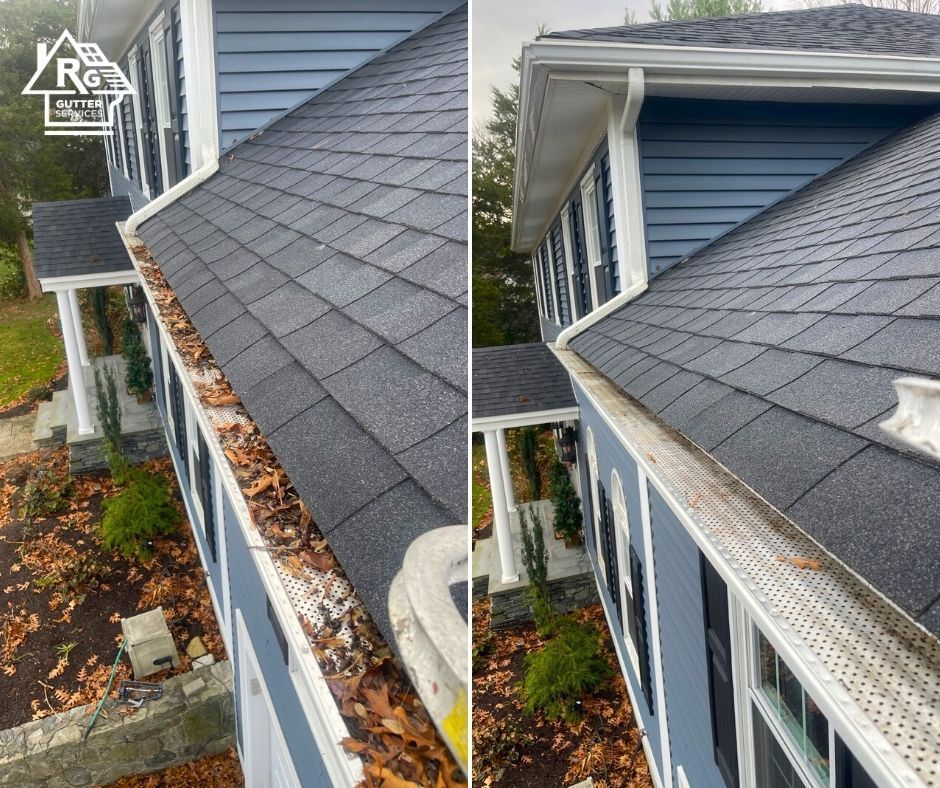 A before and after picture of a house with a gutter that is covered in leaves.