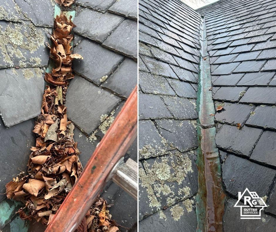 A picture of a gutter with leaves on it and a picture of a gutter without leaves on it