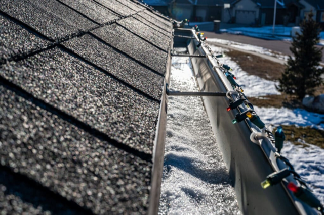 melting snow in a house's gutter during christmas time