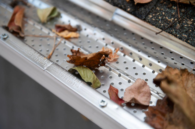 A close up of a gutter with leaves on it.