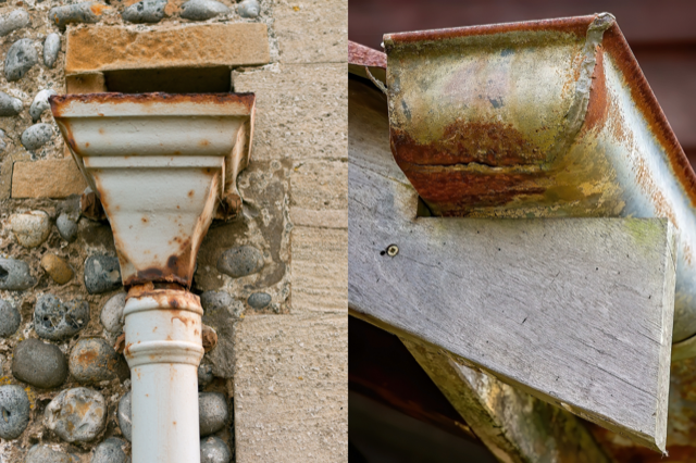 A close up of a gutter on a stone wall and a close up of a gutter on a roof.