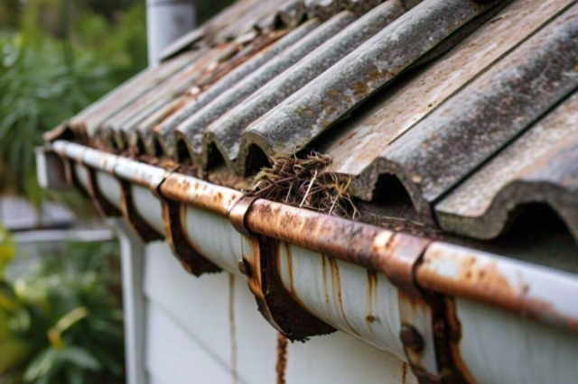 A rusty gutter on the side of a house with a roof in the background.