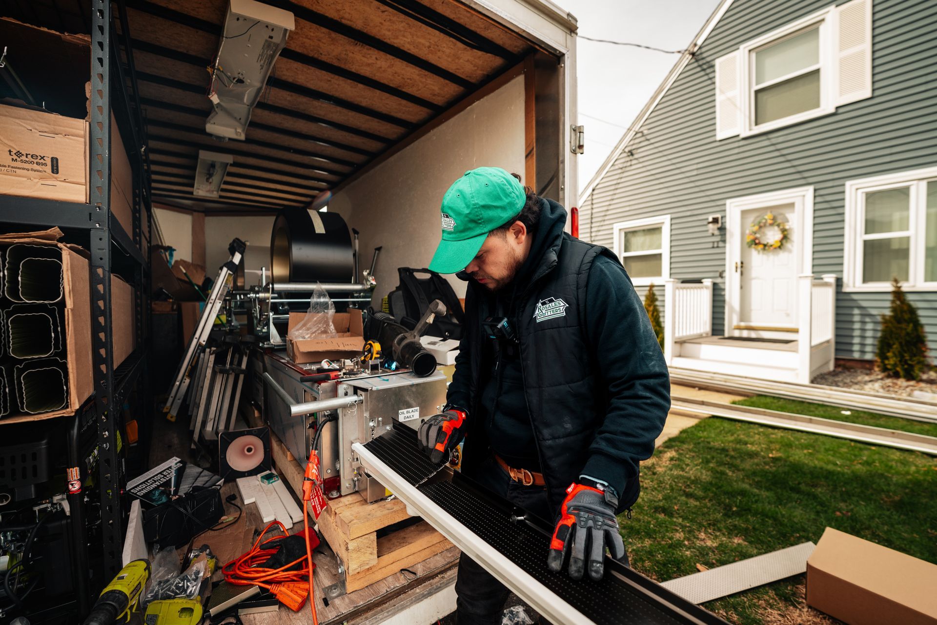 A man in a green hat is working on a pipe in front of a house.