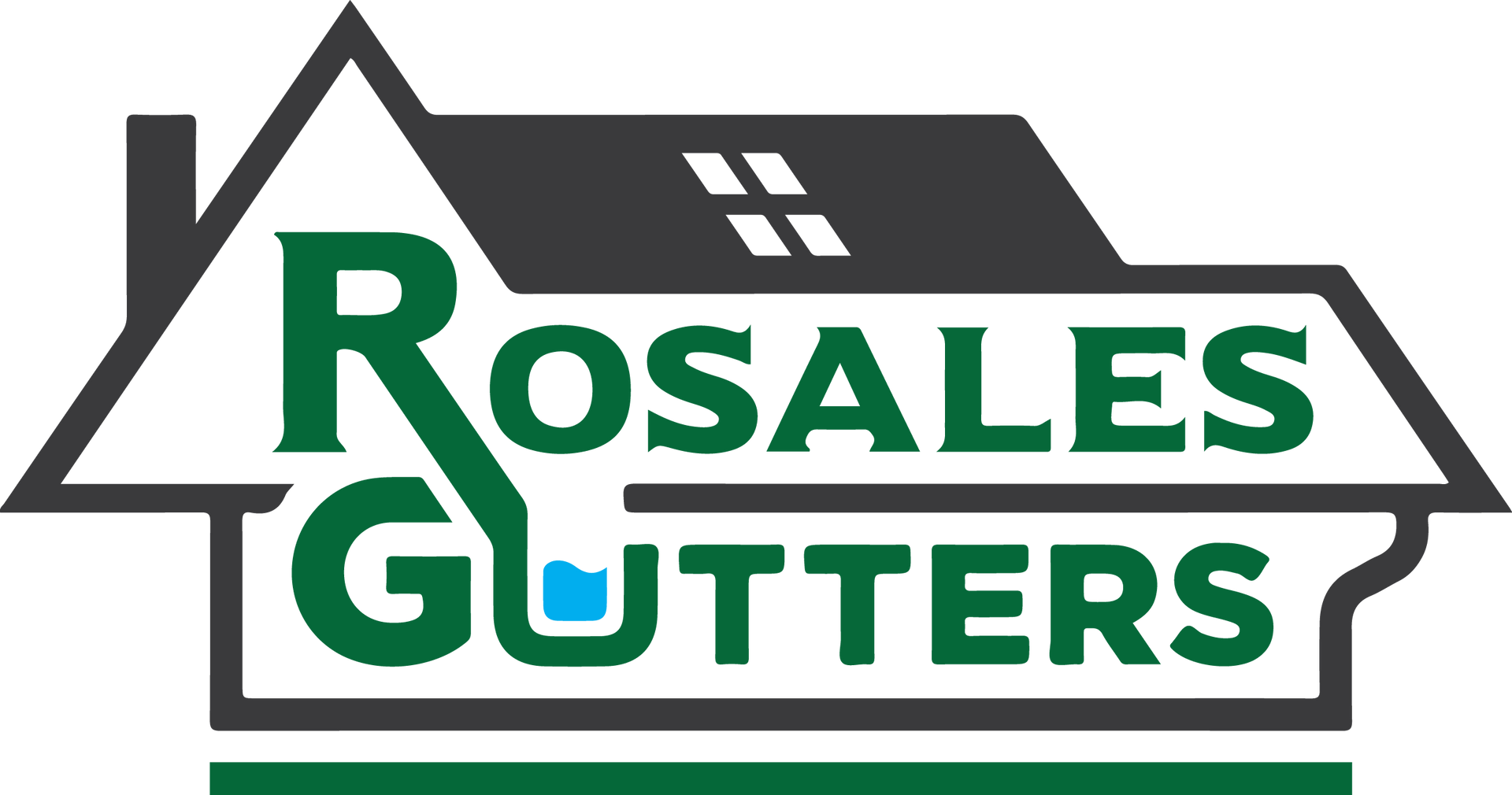 Rosales gutters logo in green, black and white