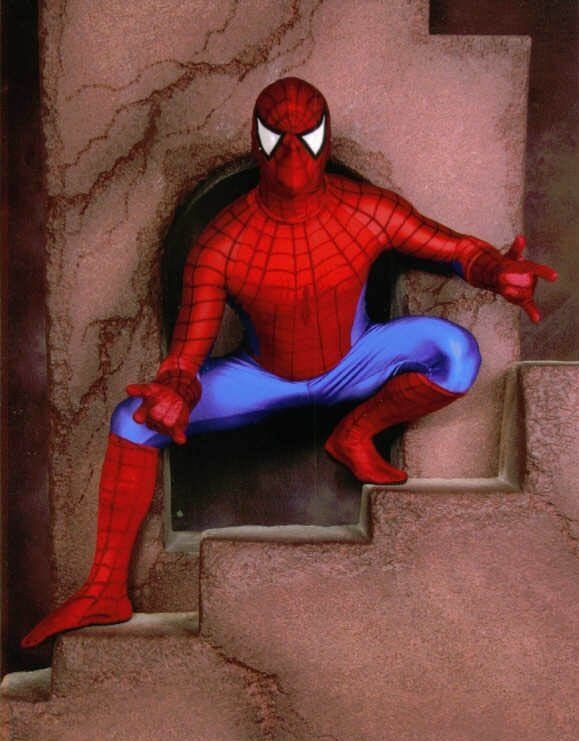 Spider-Man crouching in a cracked wall opening, red-and-blue suit against a pinkish stone background