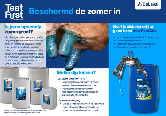 Een Nederlandse reclame van Teat Fresh toont blauwe ureumproducten en een hand die landbouwmachines schoonmaakt in de zomer.