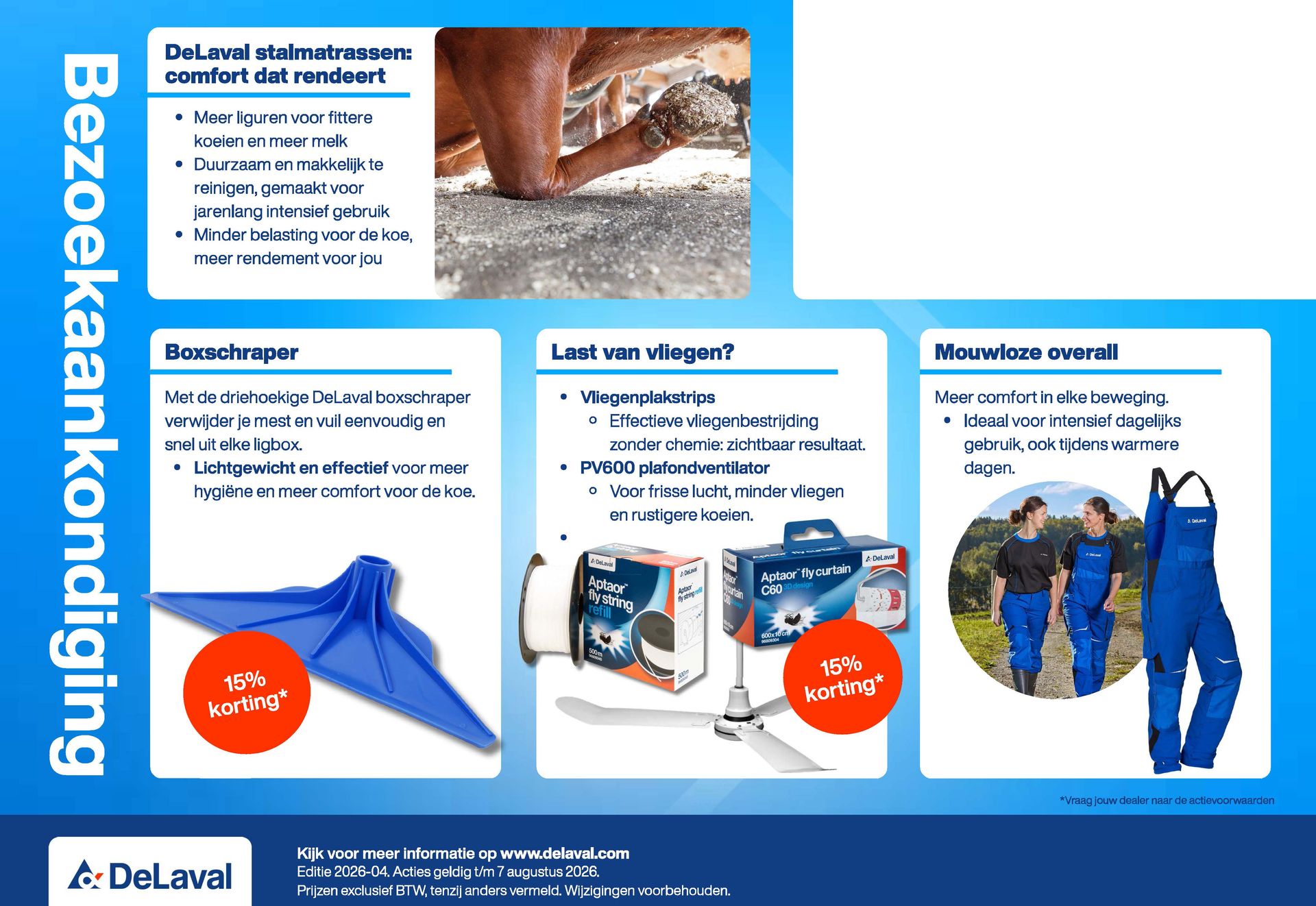 Advertentie voor Delaval vee-uitrusting met blauw gereedschap, machines en boeren in werkkleding, plus een close-up van het product en tekstblokken.