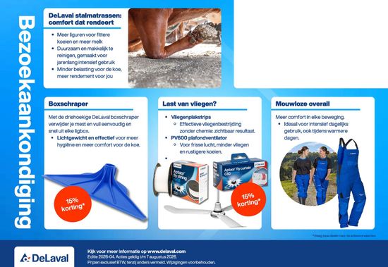 Advertentie voor Delaval vee-uitrusting met blauw gereedschap, machines en boeren in werkkleding, plus een close-up van het product en tekstblokken.