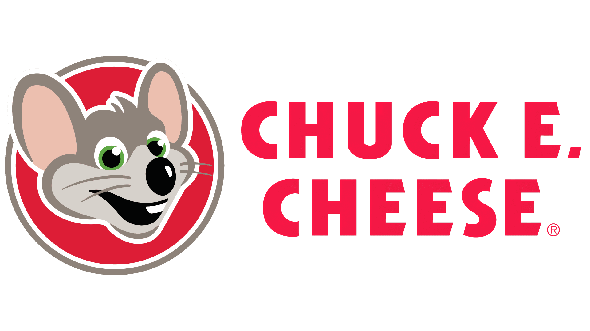 The logo for chuck e. cheese shows a mouse in a red circle.