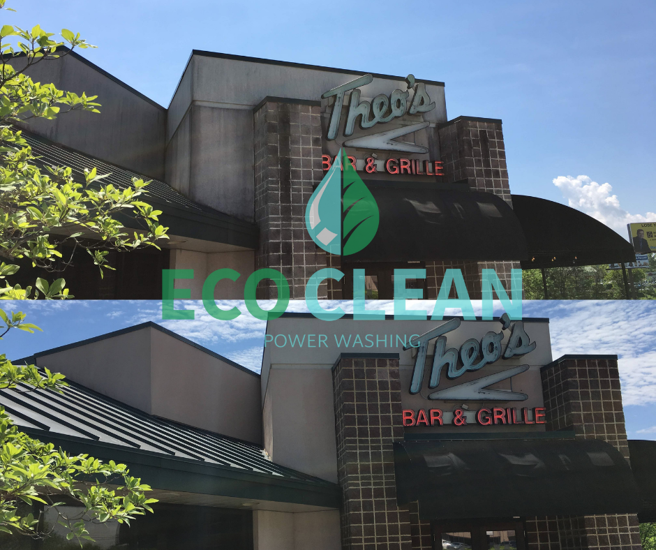 A before and after picture of a restaurant that has been cleaned by ecoclean power washing.