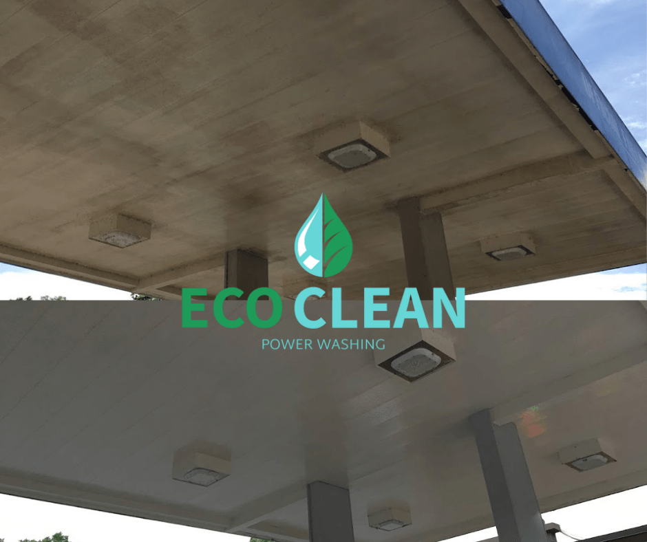 The roof of a gas station is being cleaned by eco clean power washing