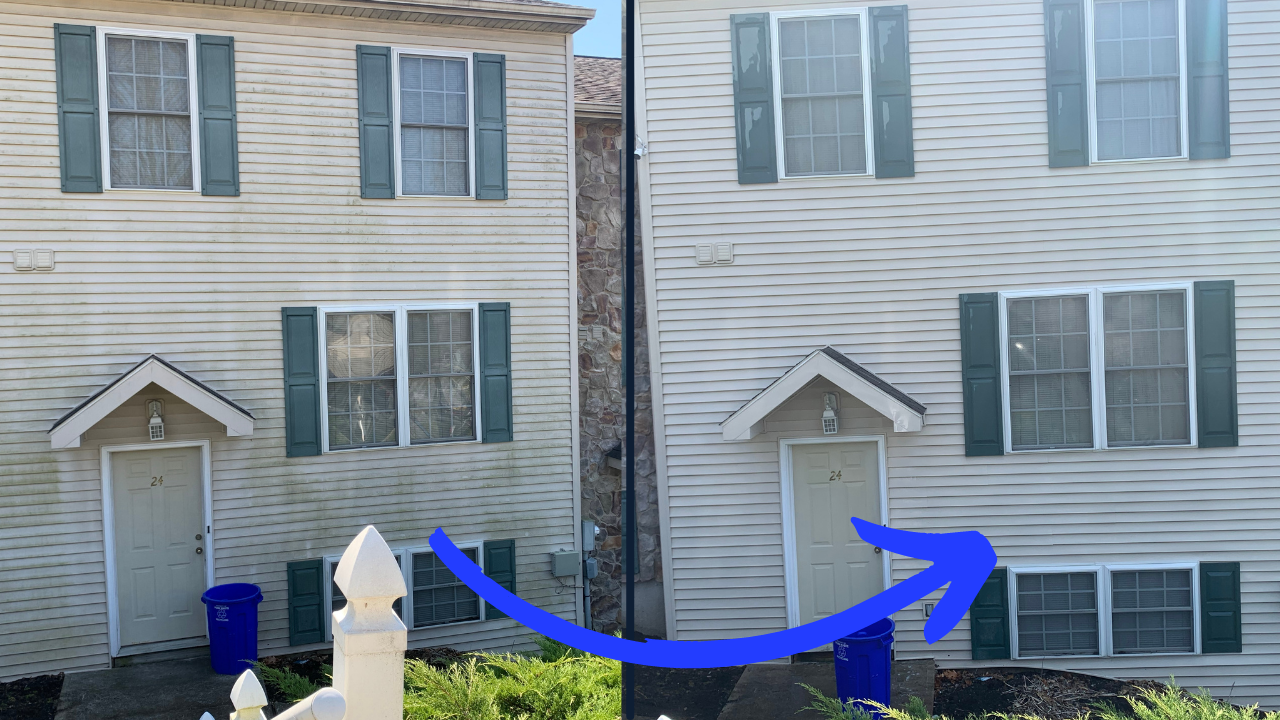 A before and after picture of a house with green shutters.