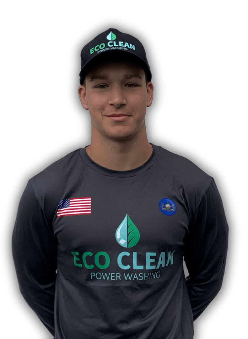 A man wearing an eco clean shirt and hat