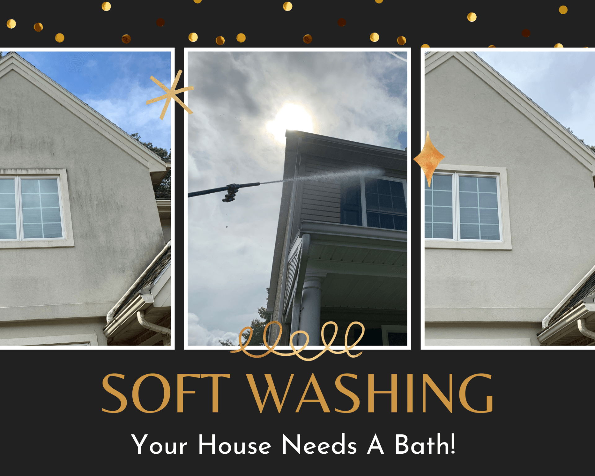 A before and after picture of a house with the words soft washing your house needs a bath.