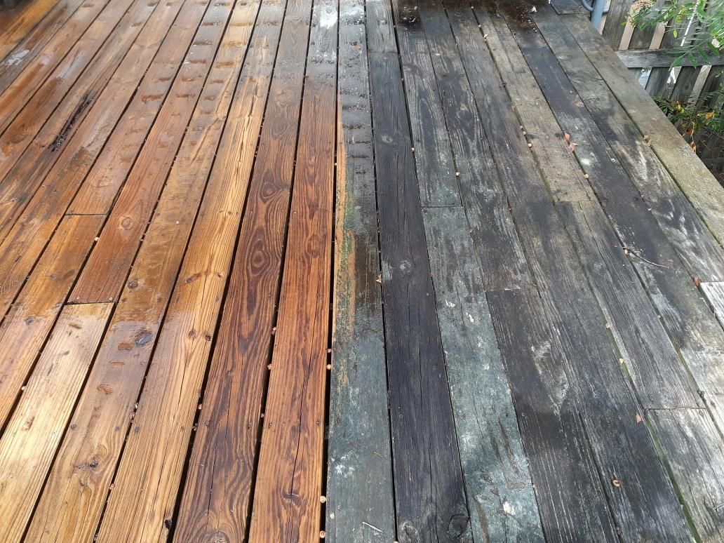 A wooden deck is shown before and after being cleaned.