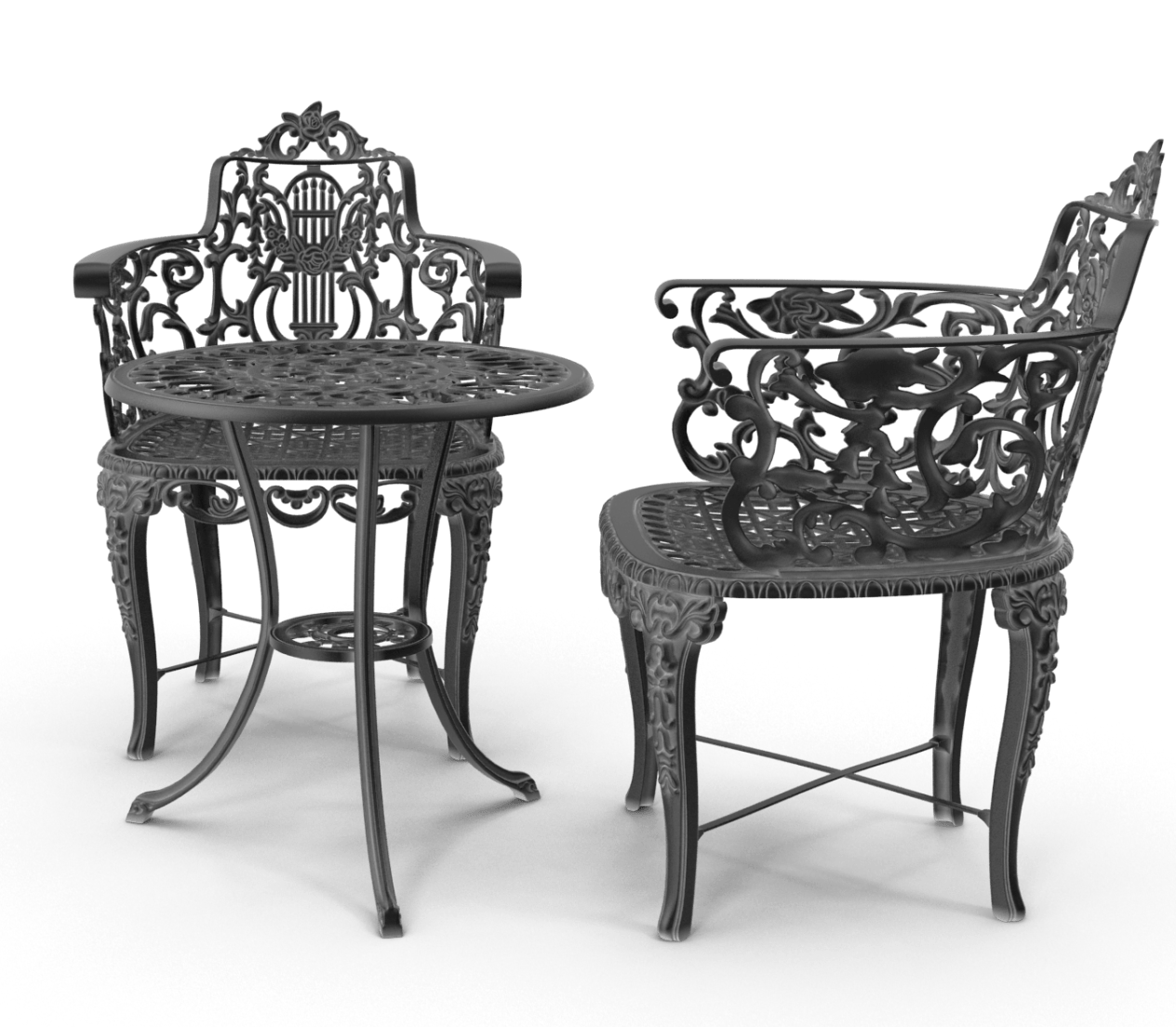 A 3d model of a table and chairs on a white background.