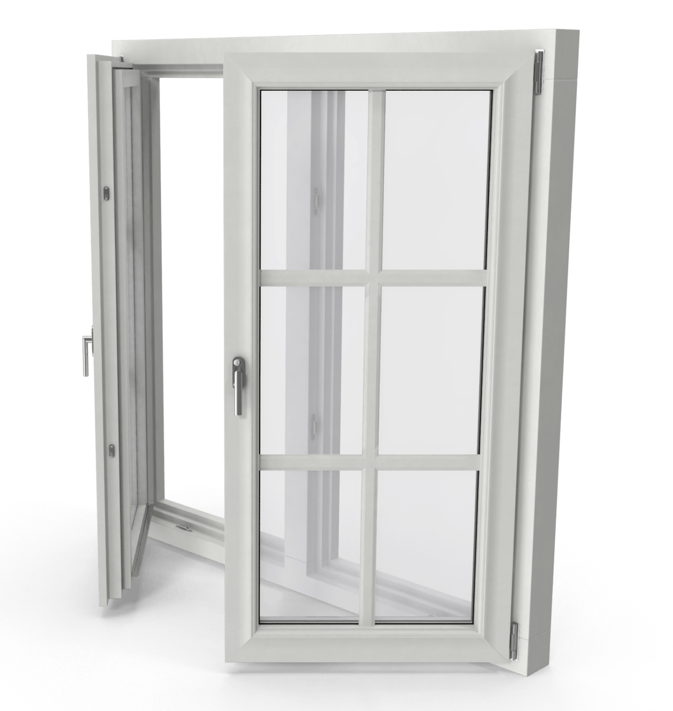 A white window with the door open on a white background.