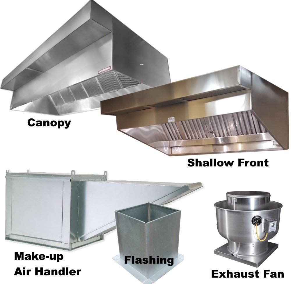 A picture of a canopy shallow front make-up air handler and flashing exhaust fan