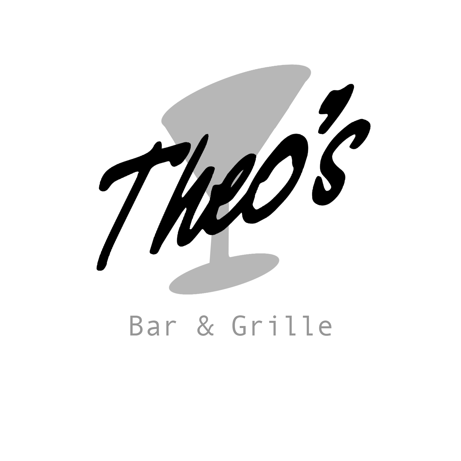 A black and white logo for theo 's bar and grille