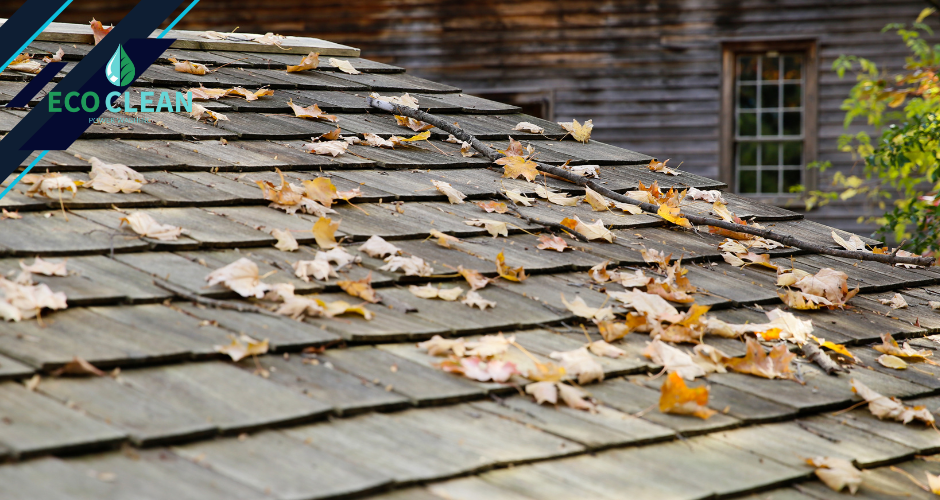 A wooden roof with a lot of leaves on it