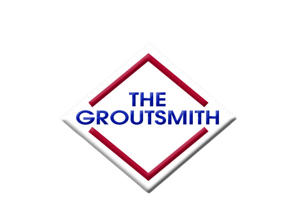 Logo for The Groutsmith: diamond shape with red and white borders, blue text.