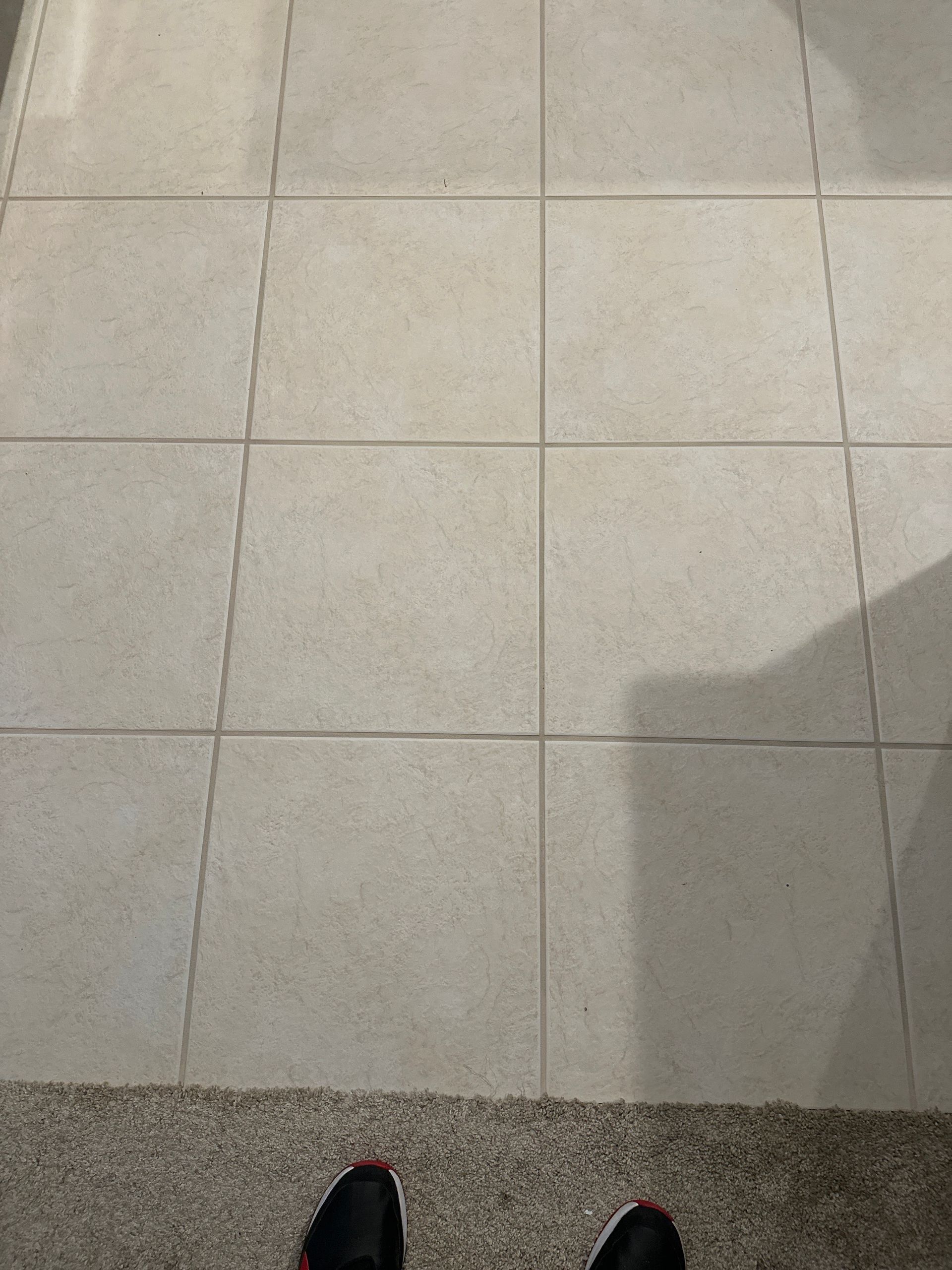 Person standing on carpet in front of tiled floor.