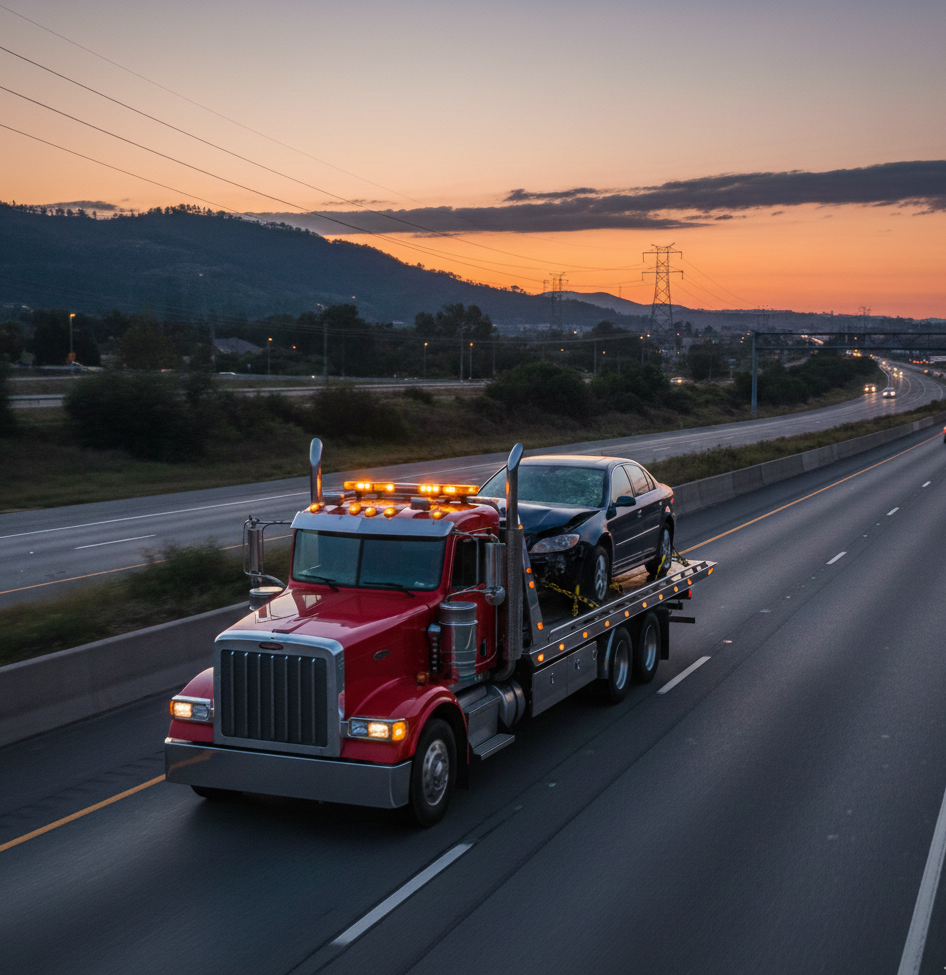 Red tow truck hauling a car on a highway at dusk.