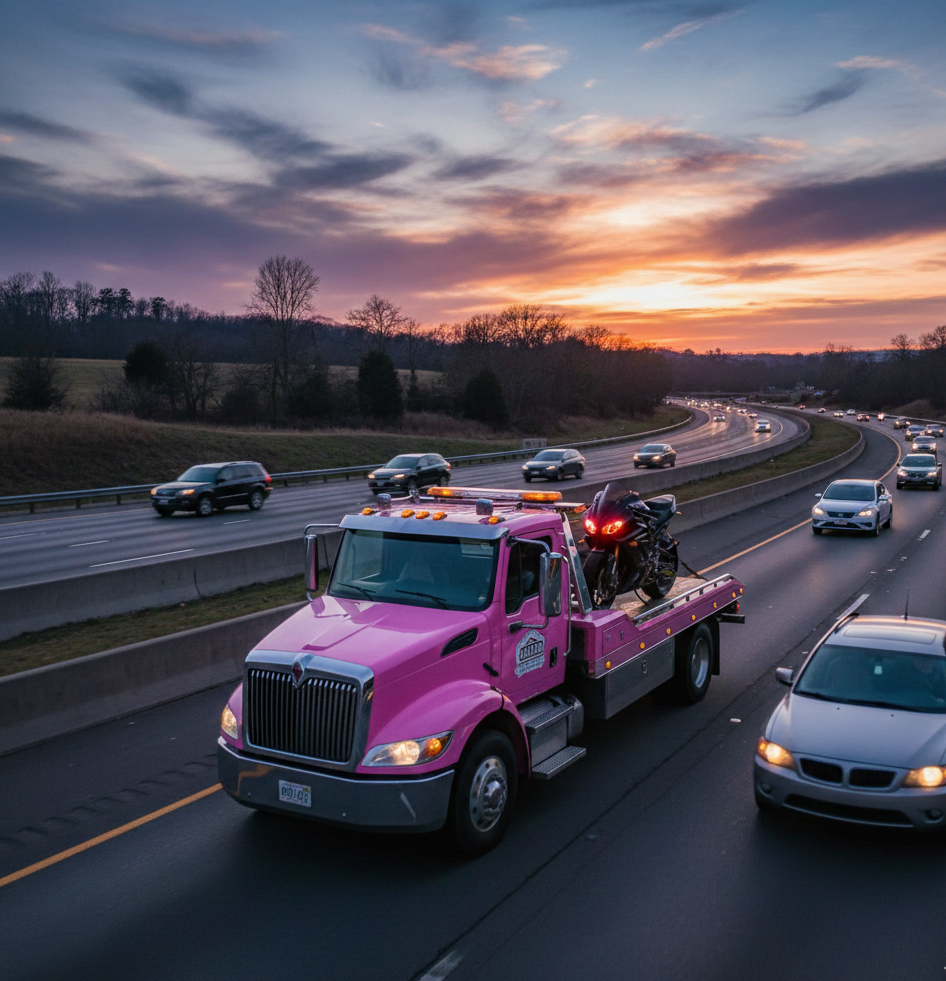 Pink tow truck hauling a motorcycle on a highway at sunset.