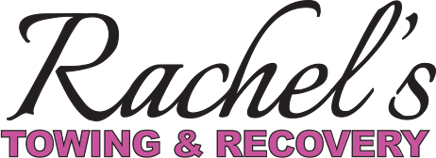 "Rachel's Towing & Recovery" logo, black cursive text, purple text below.