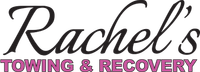 "Rachel's Towing & Recovery" logo, black cursive text, purple text below.