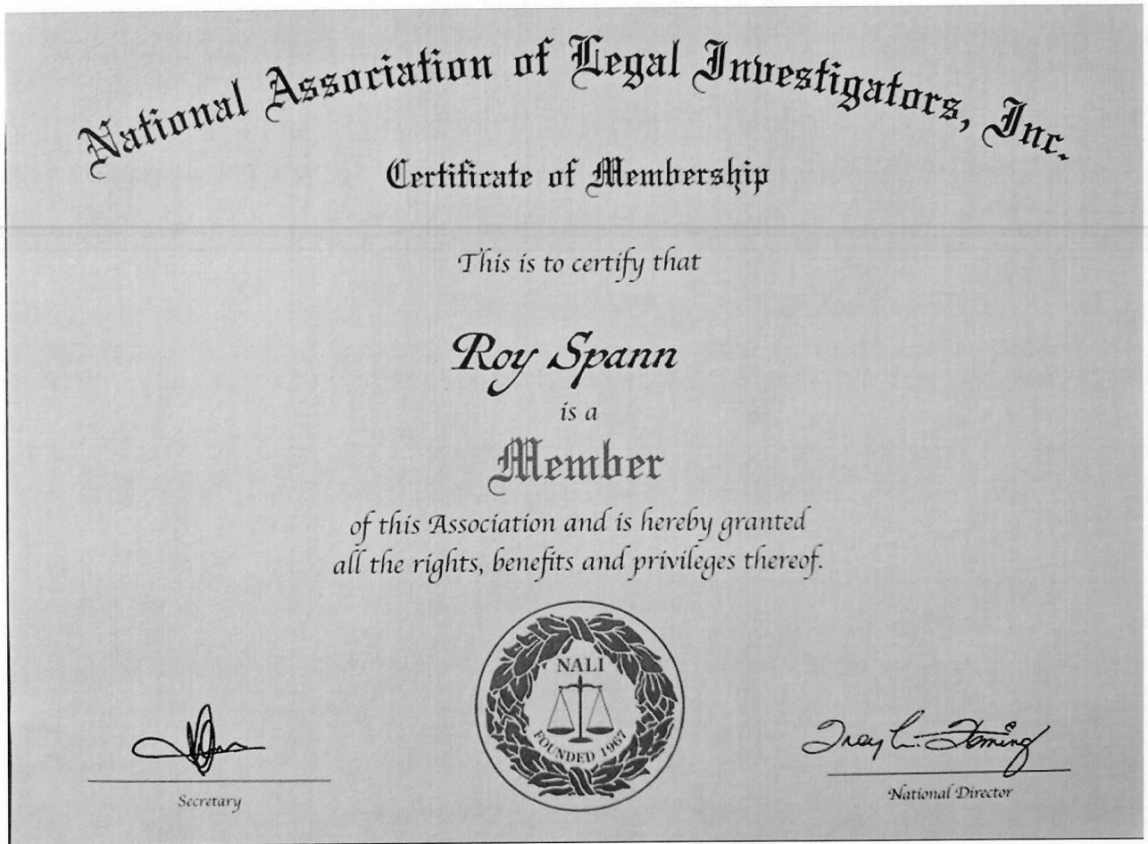 Certificate of membership from the National Association of Legal Investigators, for Roy Spann. Features seal and signatures.