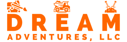 the logo for dream adventures llc is white and has a bulldozer on top of it .