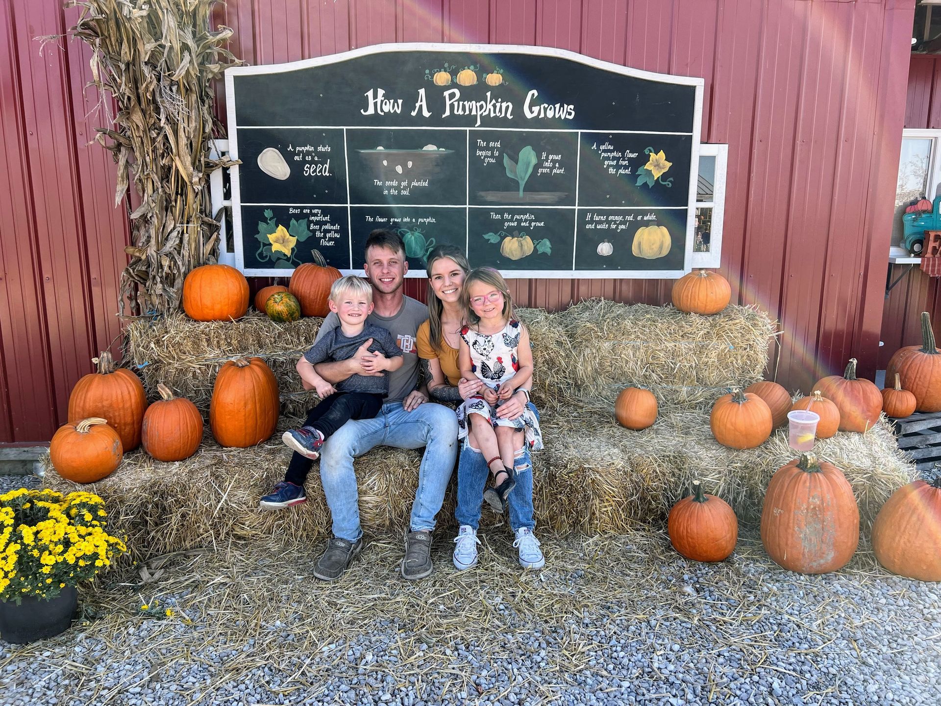 A family is sitting on a hay bale in a pumpkin patch.
