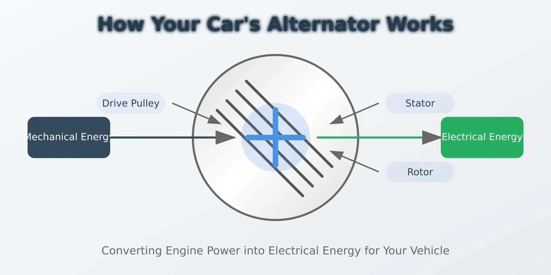 A detailed technical illustration showing the cross-section of an alternator with labeled components including the stator windings, rotor assembly, drive pulley, and voltage regulator. Blue arrows indicate the rotation direction and the energy conversion process.