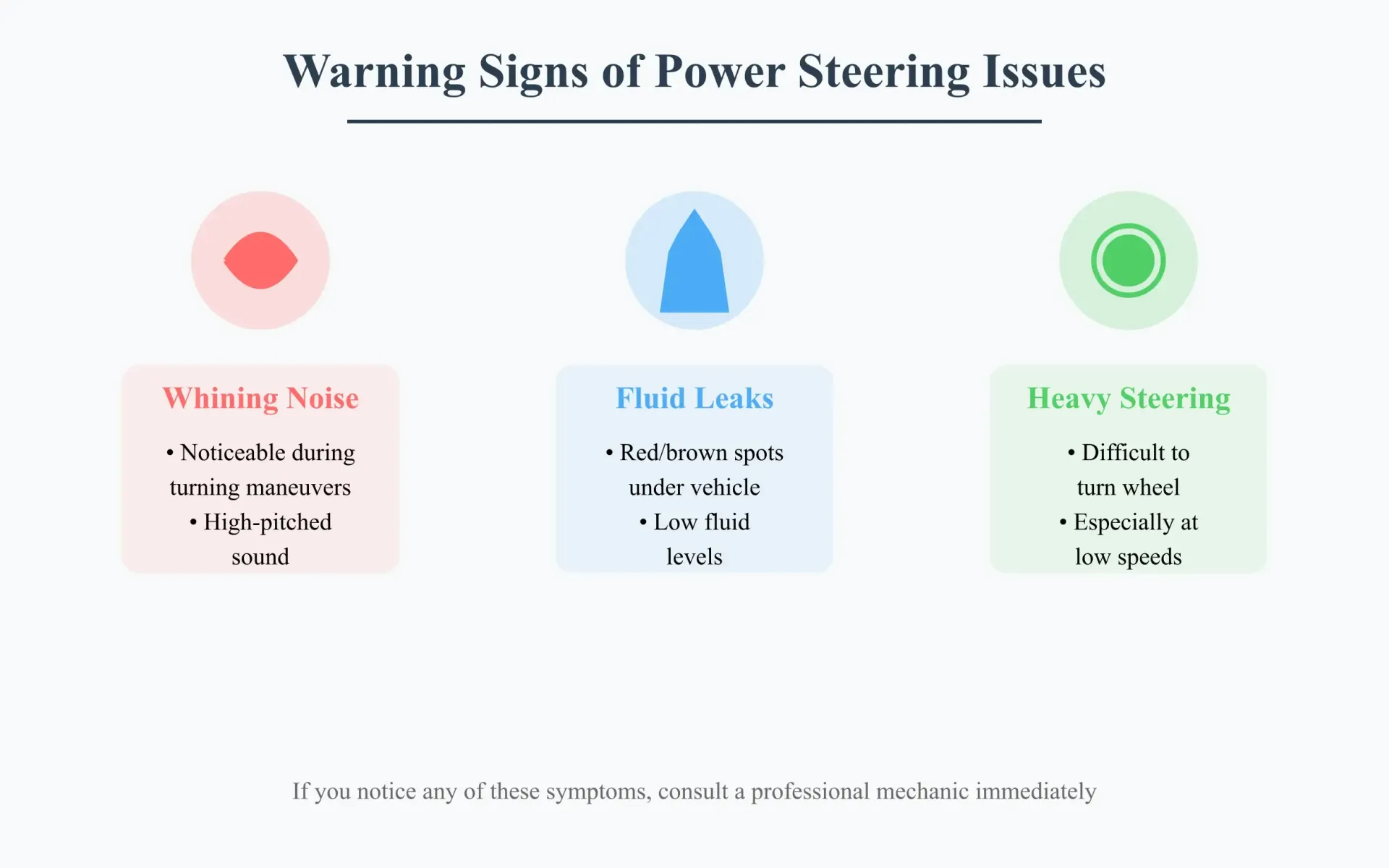 Infographic displaying three main power steering issues in circular diagrams: whining noise (red), fluid leaks (blue), and heavy steering (green), each with detailed symptoms listed below.