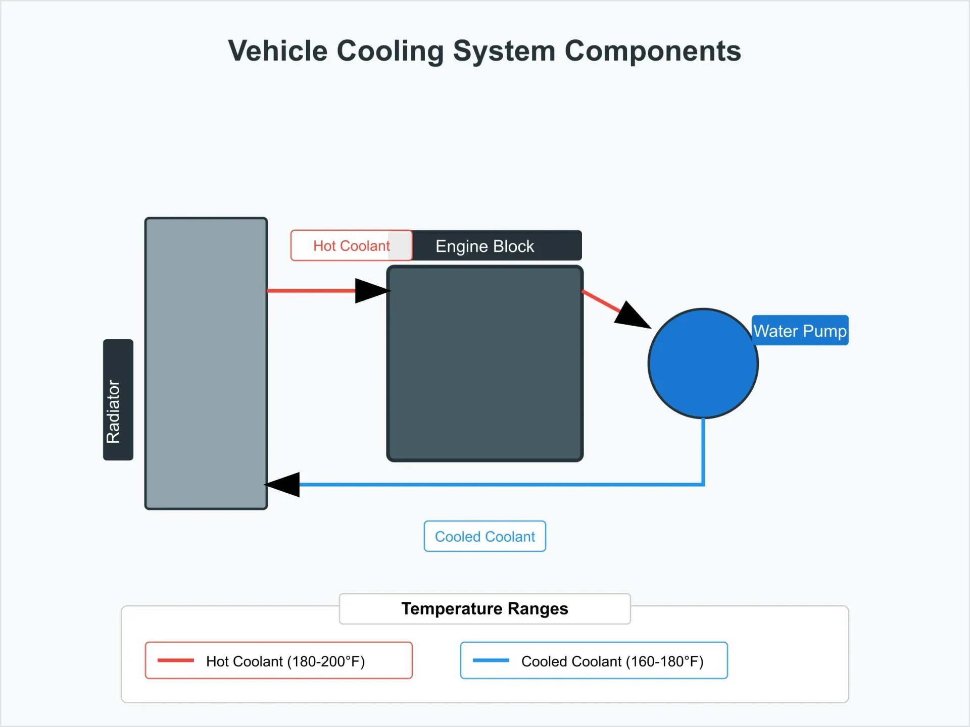 Detailed diagram showing the main components of a car's cooling system, including the engine block, radiator, water pump, and coolant flow paths marked with red arrows for hot coolant and blue arrows for cooled coolant.
