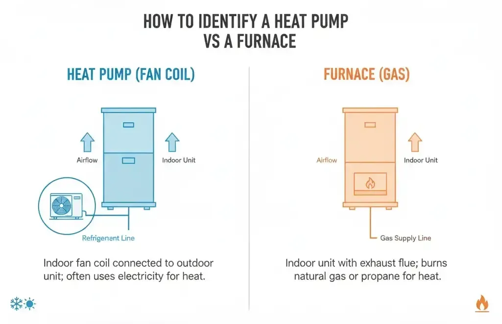 Comparison chart showing heat pump vs furnace with airflow and energy source details.