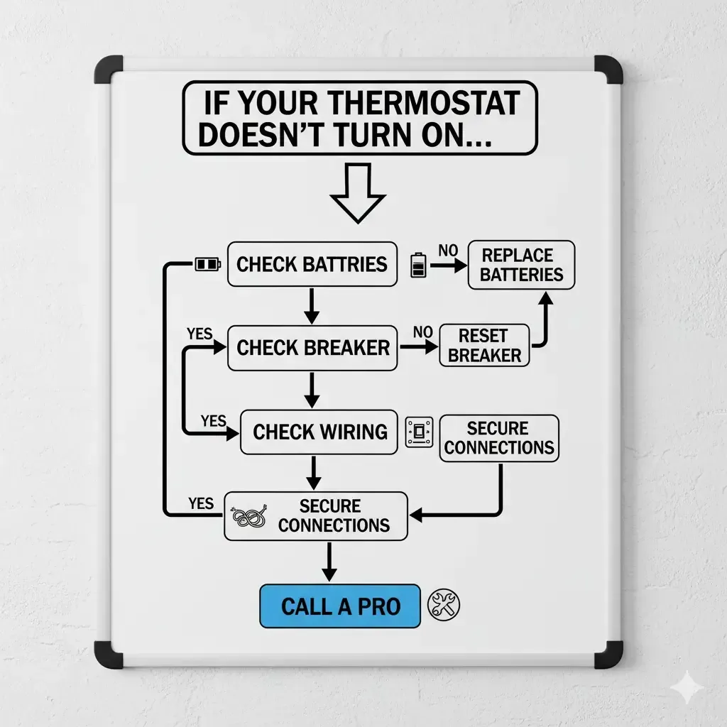 Thermostat troubleshooting flowchart showing steps to fix when it won’t turn on.