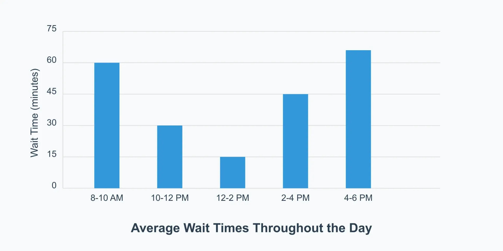 A bar chart showing average emissions testing wait times throughout the day, with peak times during early morning (8-10 AM) and late afternoon (4-6 PM) showing higher wait times of up to 60 minutes, and midday (12-2 PM) showing shortest wait times around 15 minutes.