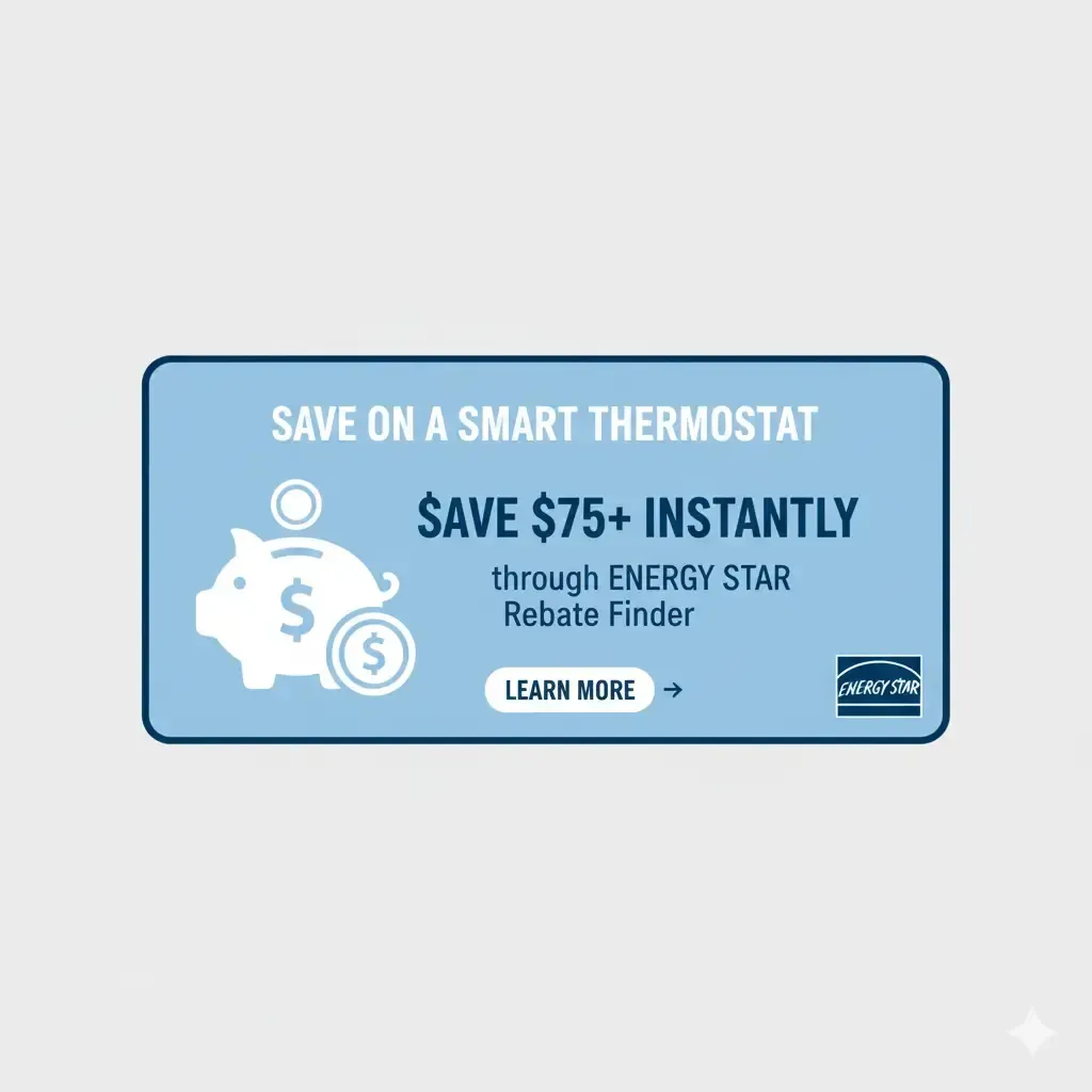 Energy Star rebate ad offering $75 instant savings on smart thermostat purchases.
