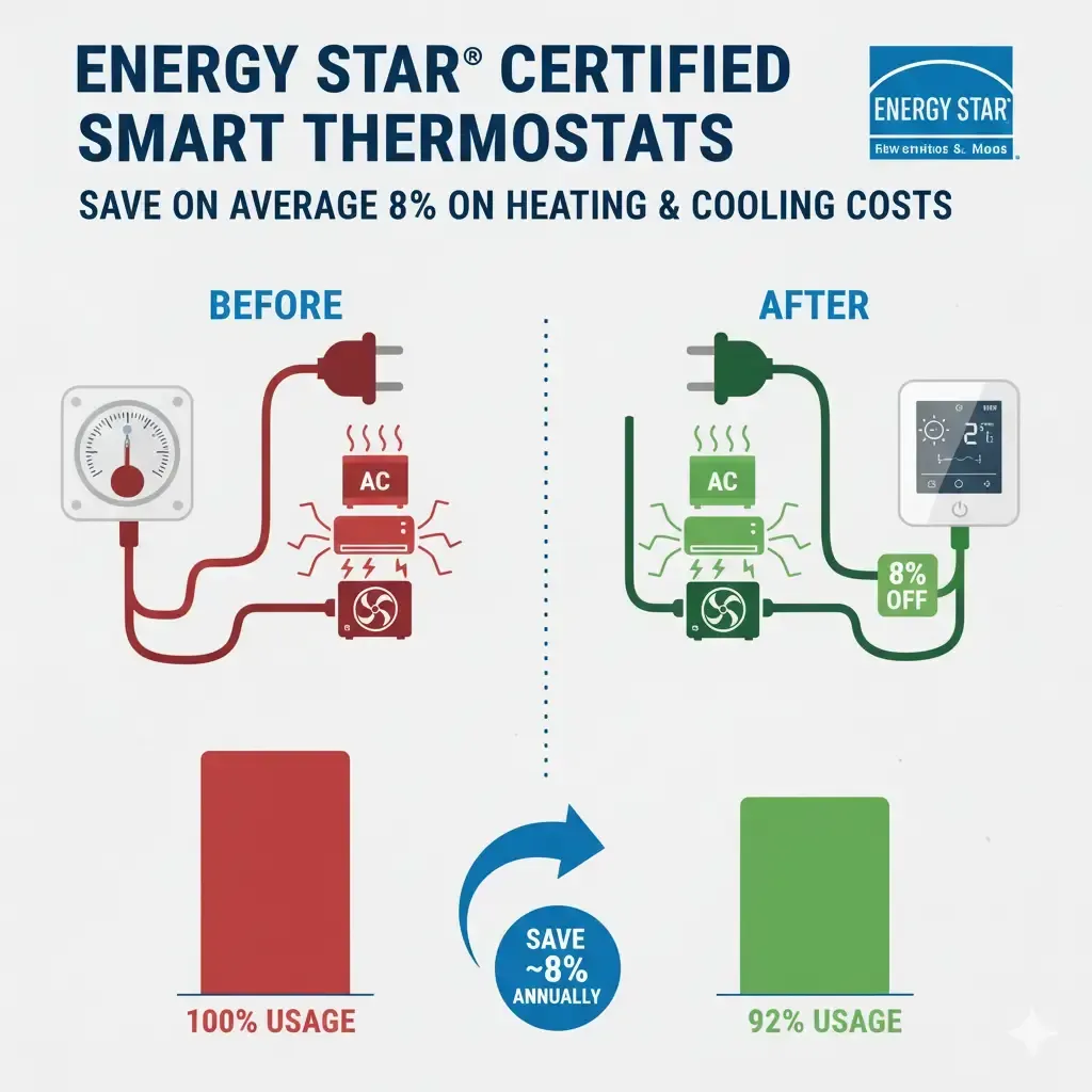 Energy Star smart thermostat comparison showing 8% annual HVAC energy savings.